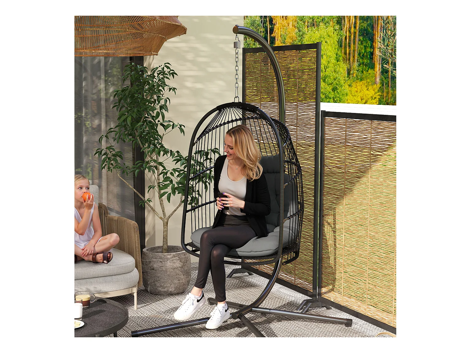 Hängesessel en polyrotin avec coussin, design pliable, acier, gris foncé (74x68x105cm)