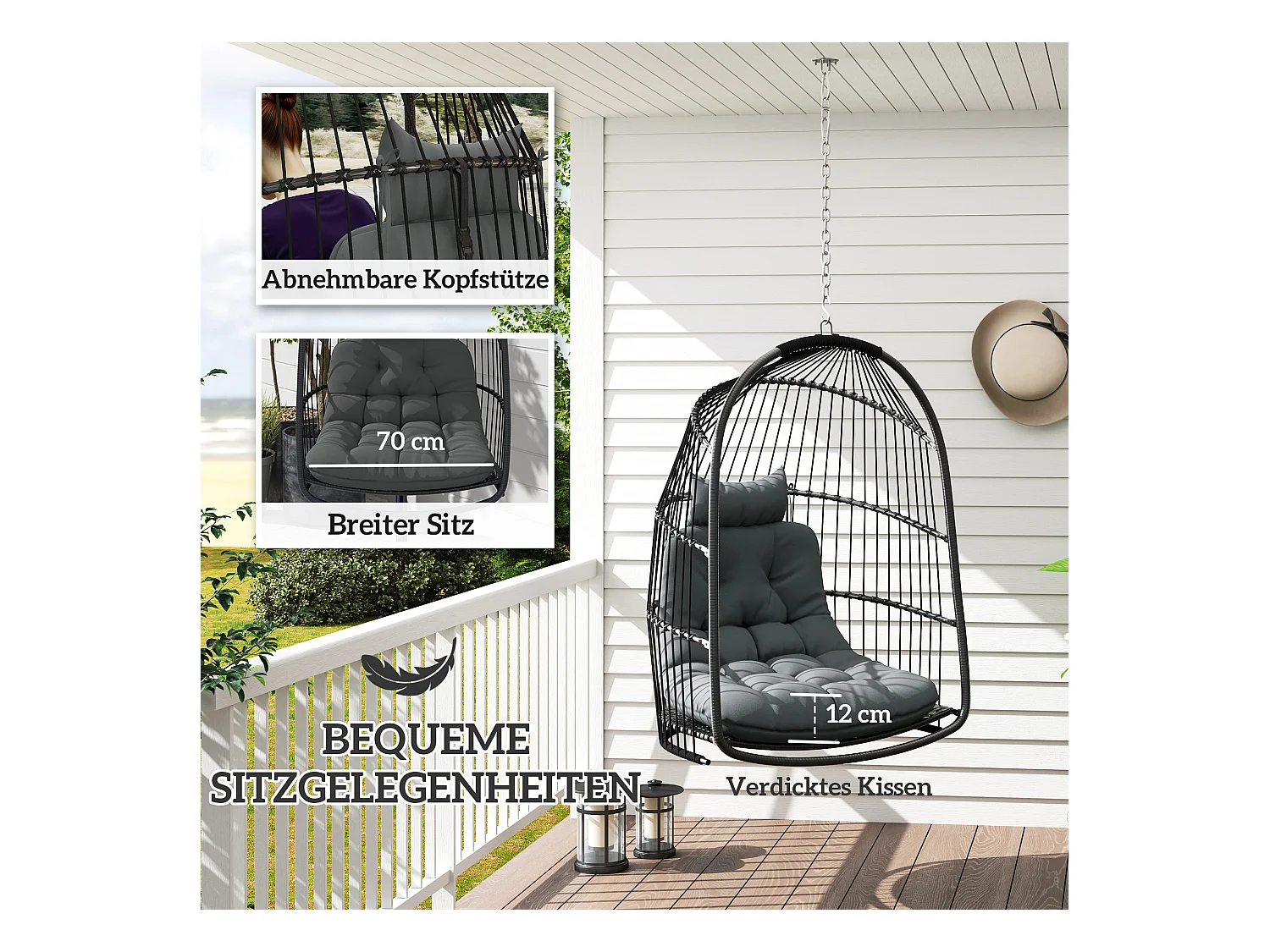 Hängesessel en polyrotin avec coussin, design pliable, acier, gris foncé (74x68x105cm)