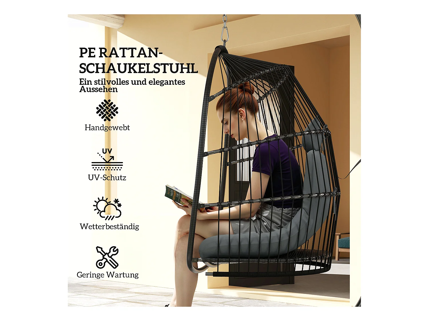 Hängesessel en polyrotin avec coussin, design pliable, acier, gris foncé (74x68x105cm)