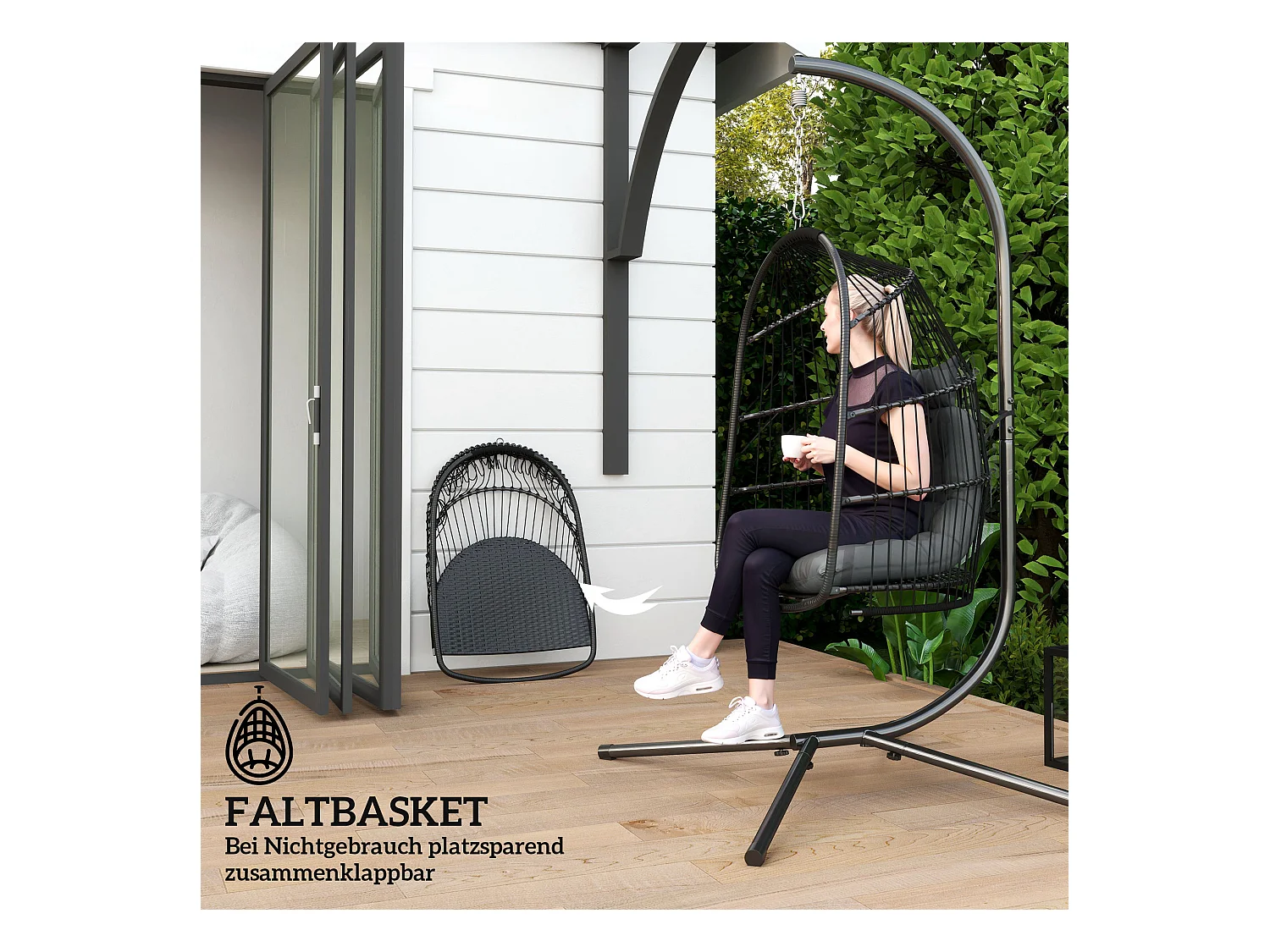 Hängesessel en polyrotin avec coussin, design pliable, acier, gris foncé (74x68x105cm)