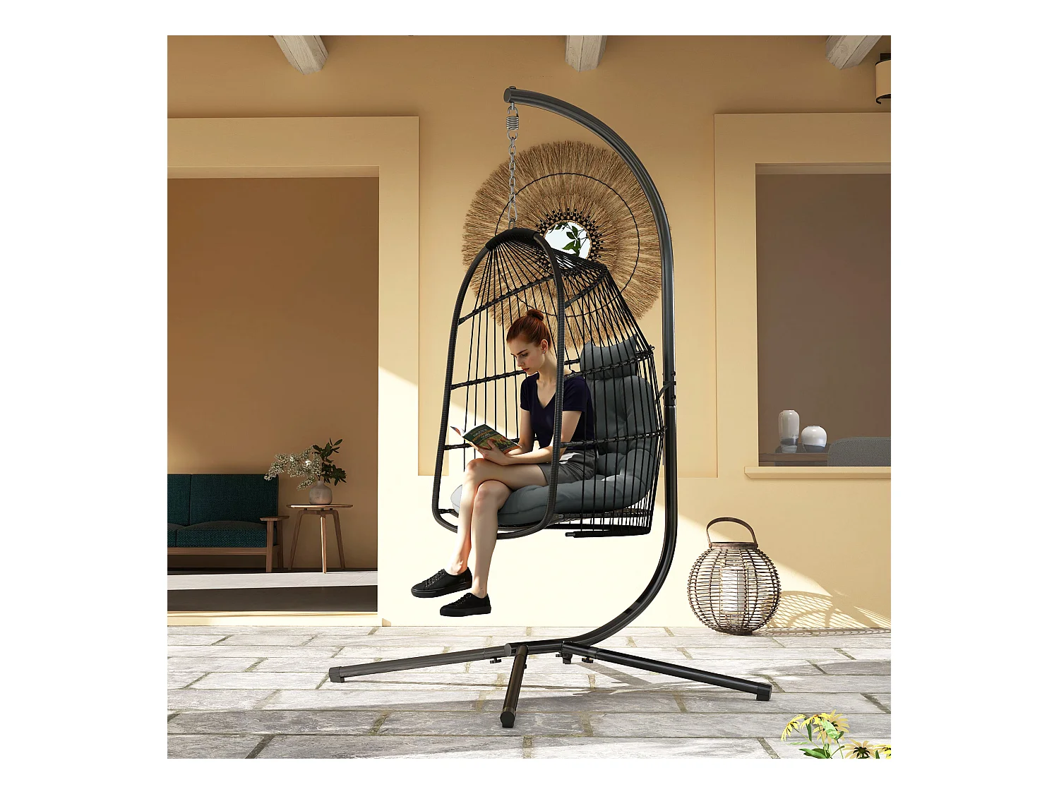 Hängesessel en polyrotin avec coussin, design pliable, acier, gris foncé (74x68x105cm)