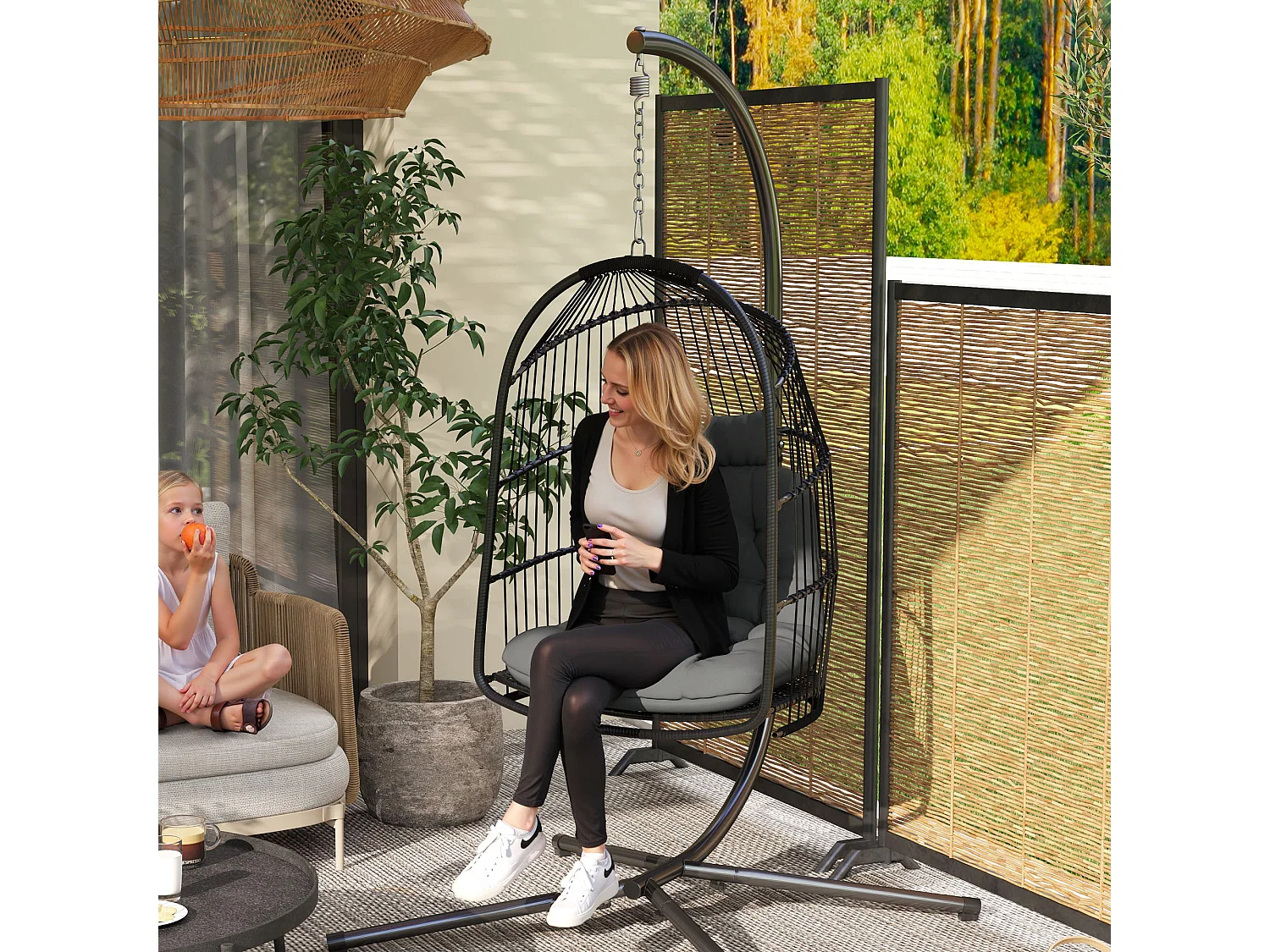 Hängesessel en polyrotin avec coussin, design pliable, acier, gris foncé (74x68x105cm)