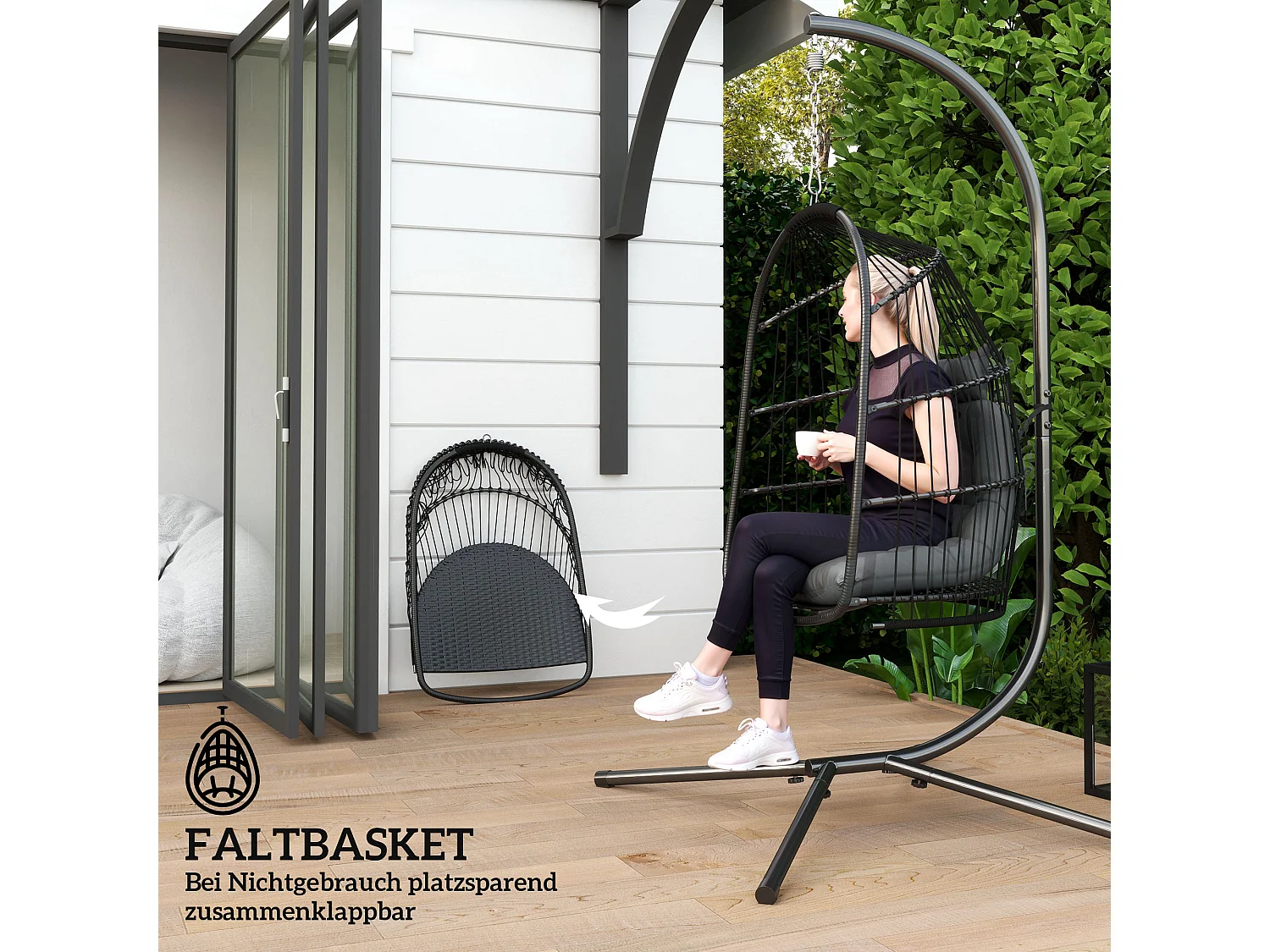 Hängesessel en polyrotin avec coussin, design pliable, acier, gris foncé (74x68x105cm)