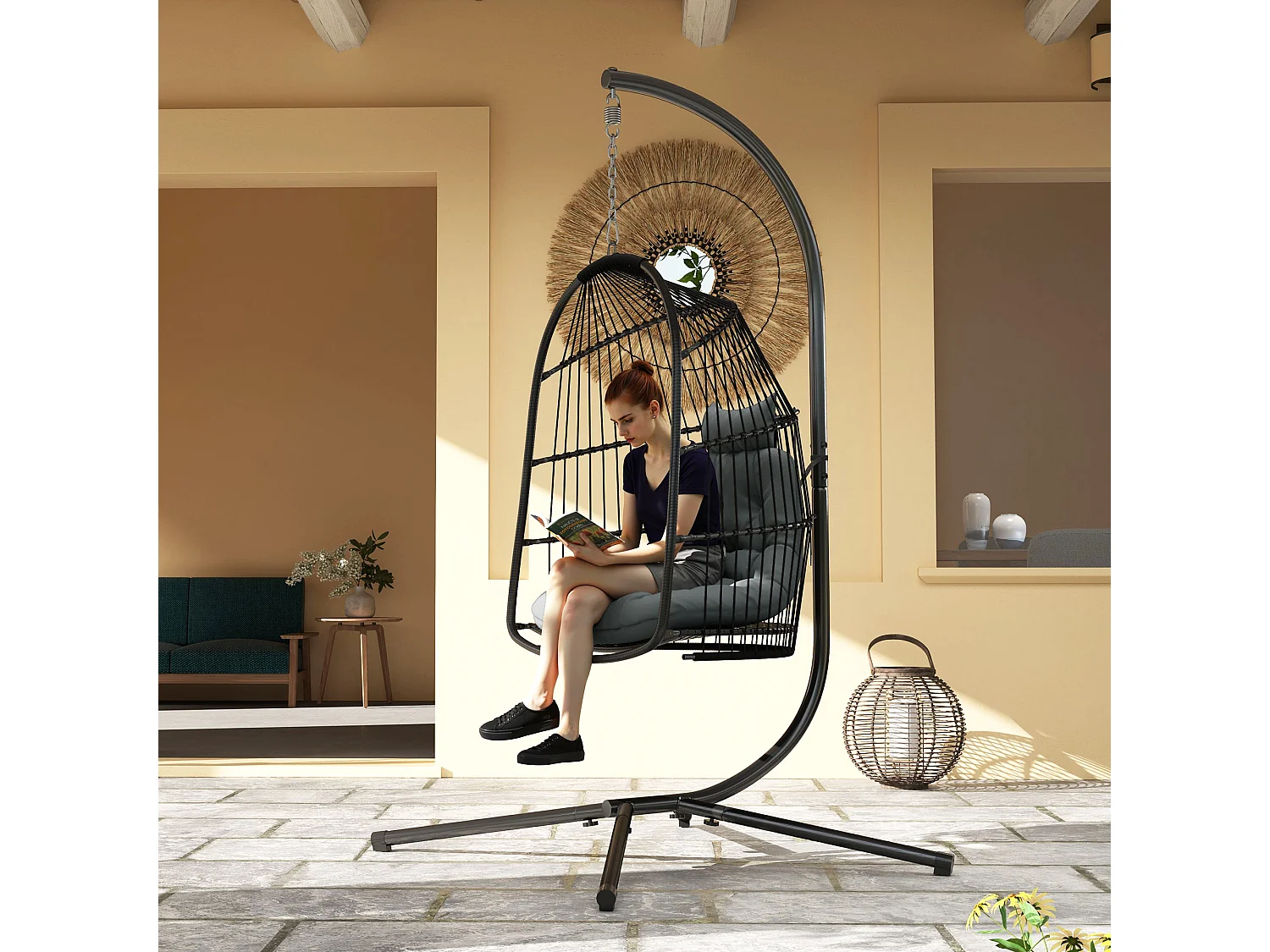 Hängesessel en polyrotin avec coussin, design pliable, acier, gris foncé (74x68x105cm)