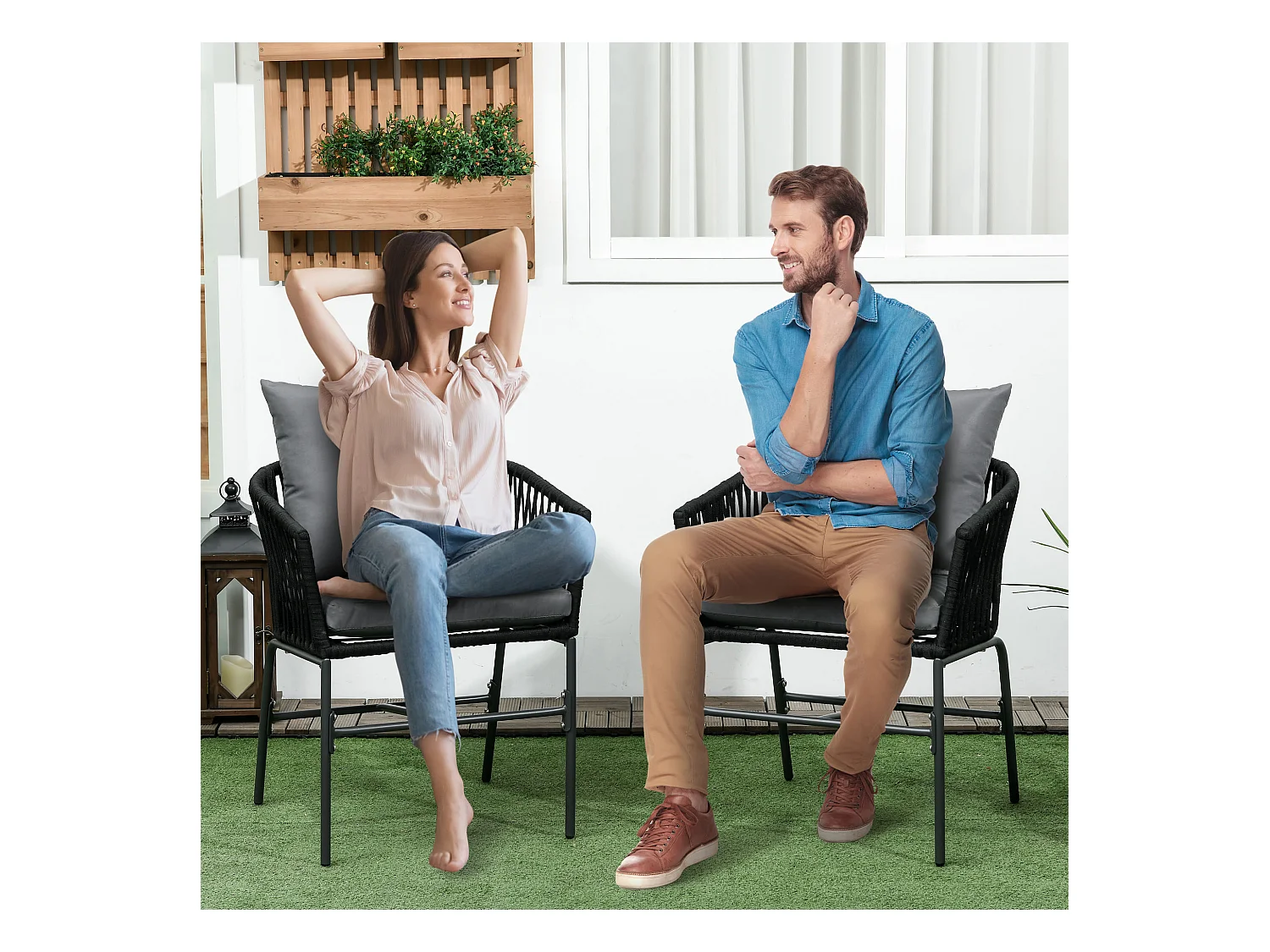 sillas de jardín con cojines, diseño bohemio, acero, negro (57x60x71cm)