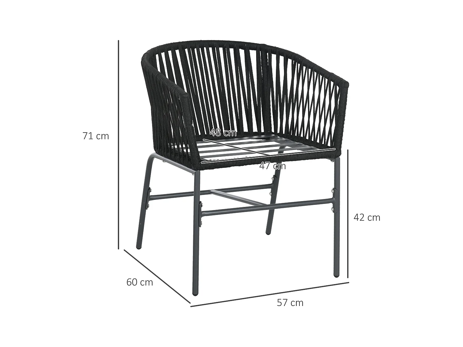 sillas de jardín con cojines, diseño bohemio, acero, negro (57x60x71cm)