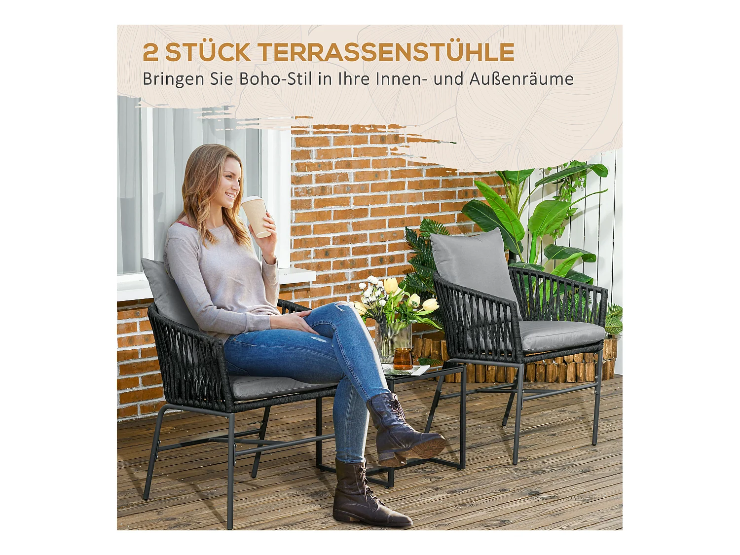 sillas de jardín con cojines, diseño bohemio, acero, negro (57x60x71cm)