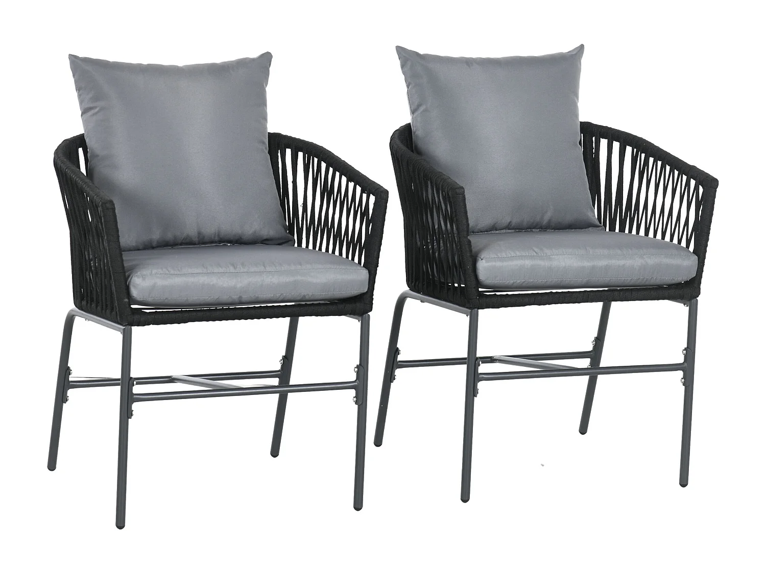 2 chaises de jardin avec coussins, design bohème, acier, noir (57x60x71cm)