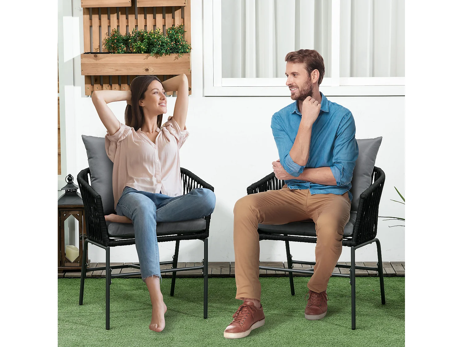 2 chaises de jardin avec coussins, design bohème, acier, noir (57x60x71cm)