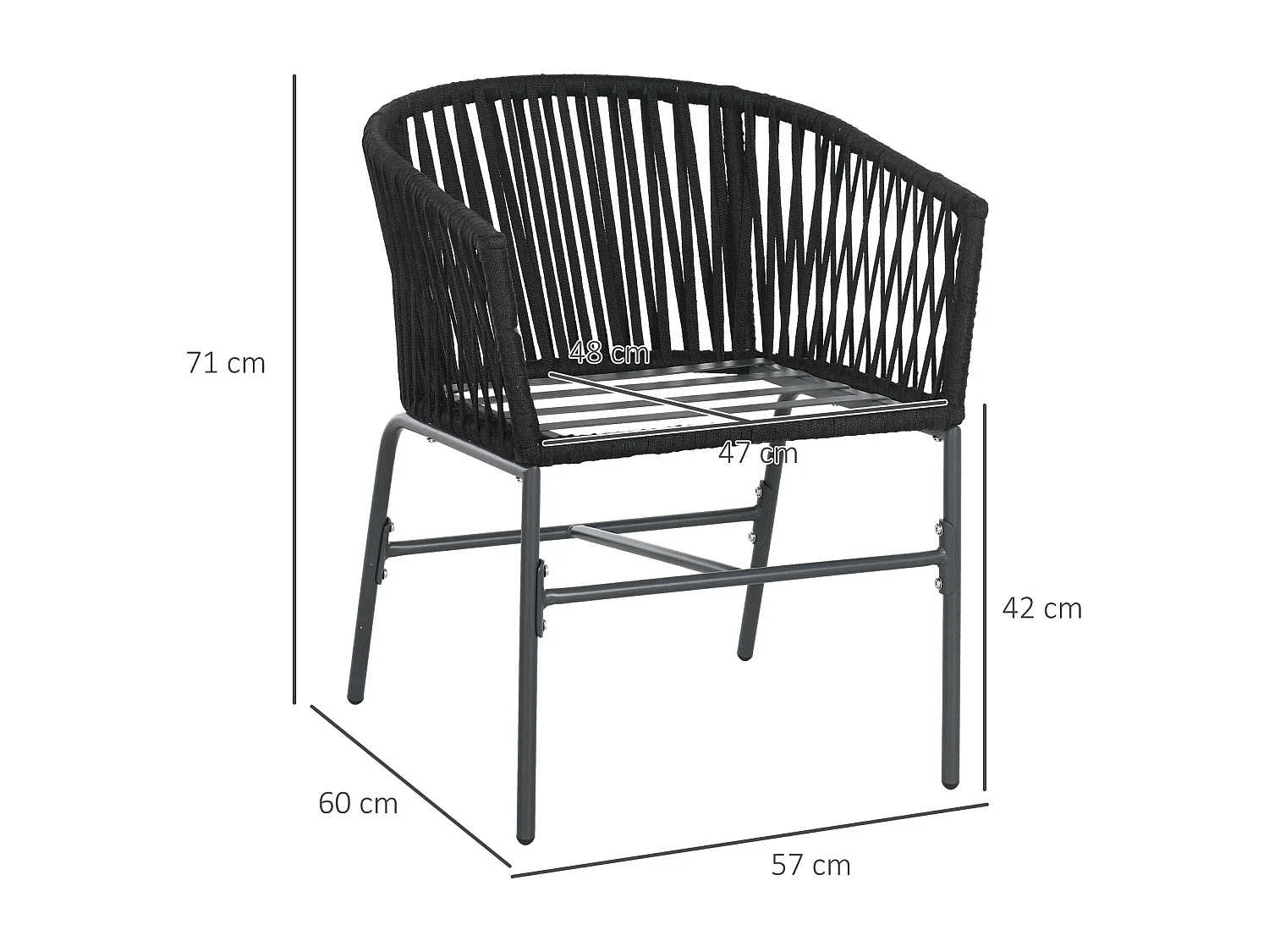 2 chaises de jardin avec coussins, design bohème, acier, noir (57x60x71cm)