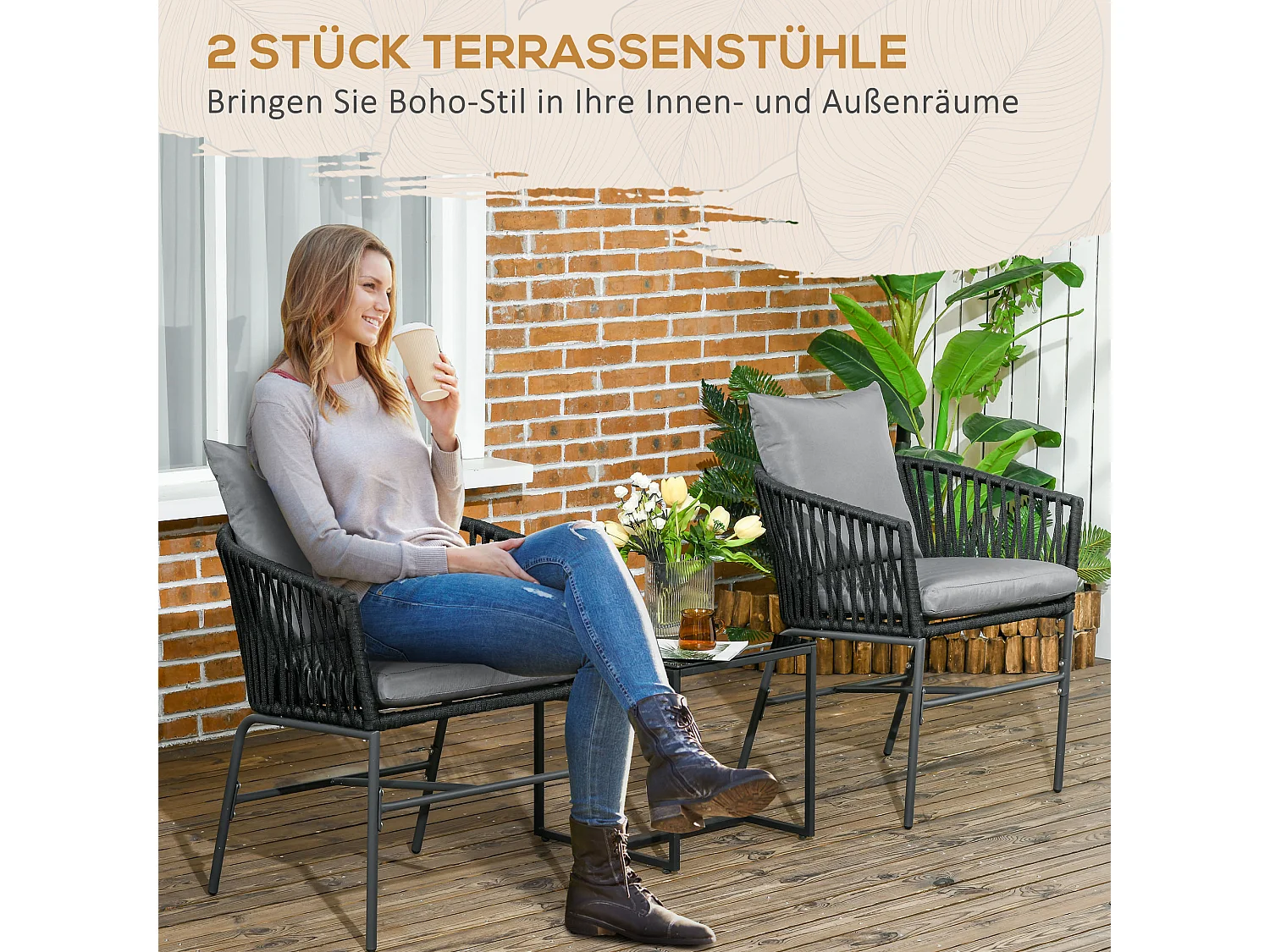 2 chaises de jardin avec coussins, design bohème, acier, noir (57x60x71cm)