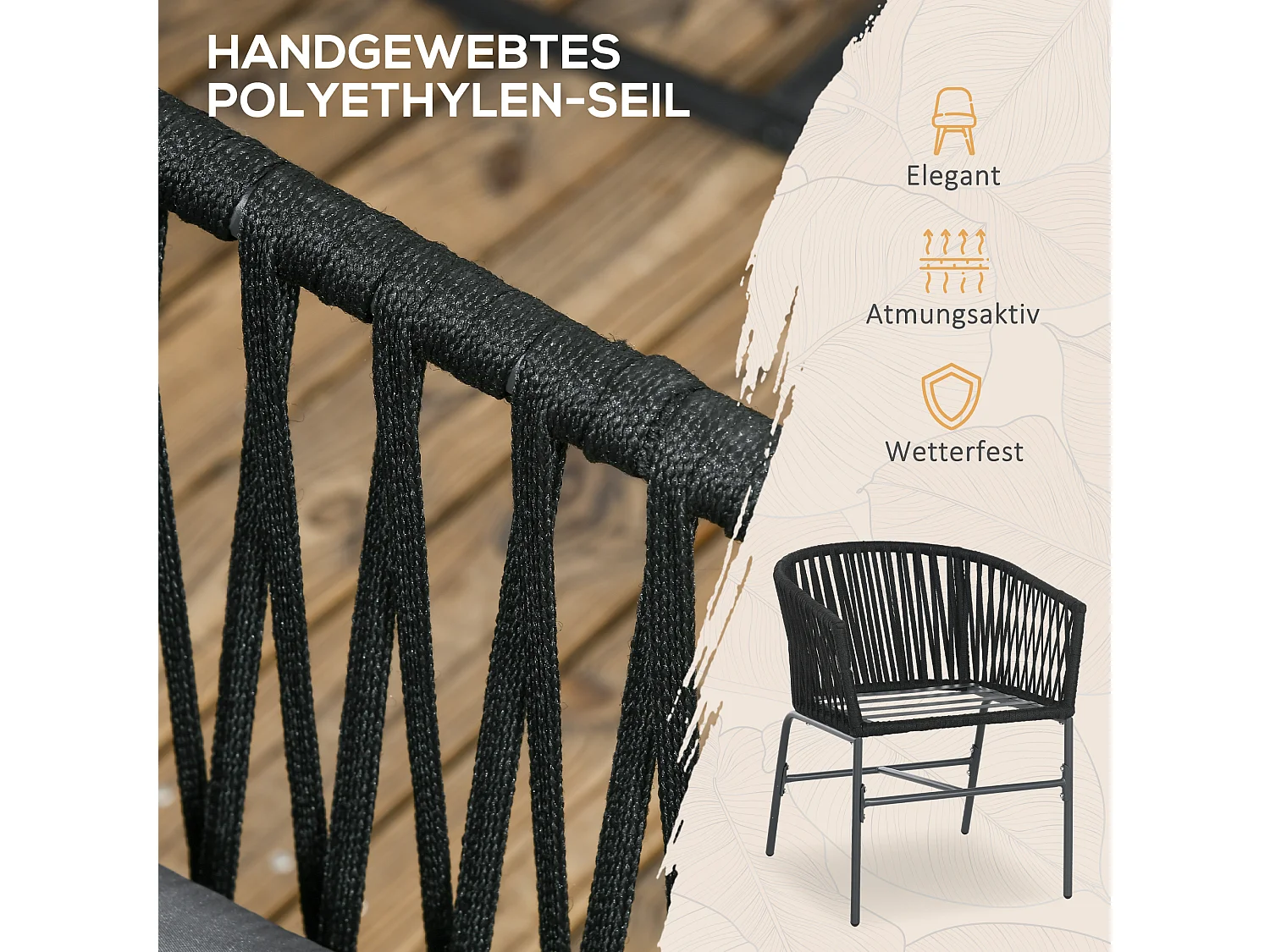 2 chaises de jardin avec coussins, design bohème, acier, noir (57x60x71cm)