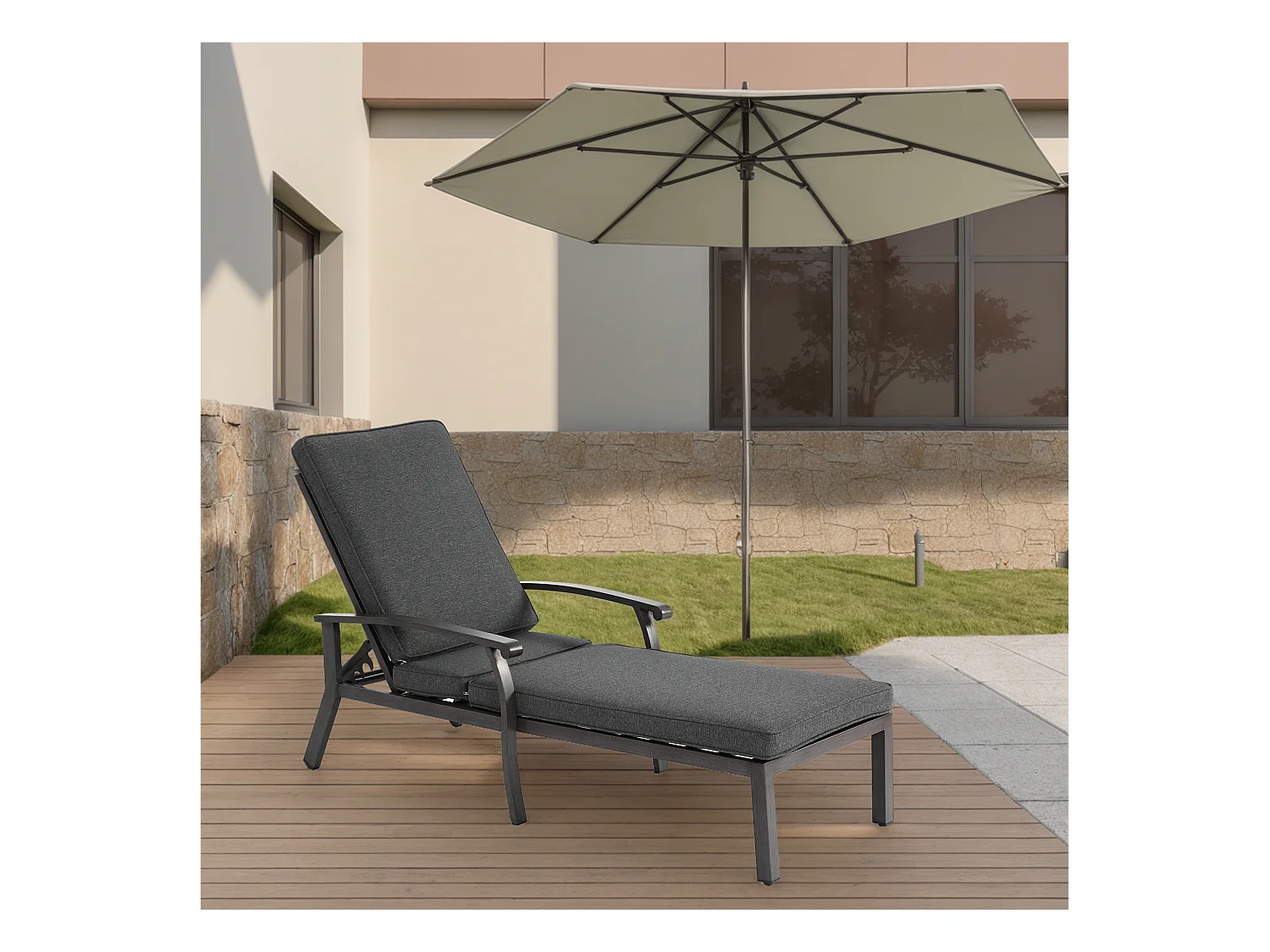 Chaise longue réglable pour patio, résistante à la rouille, aluminium, avec coussin en coton imperméable, gris (204x58x100/30 cm)
