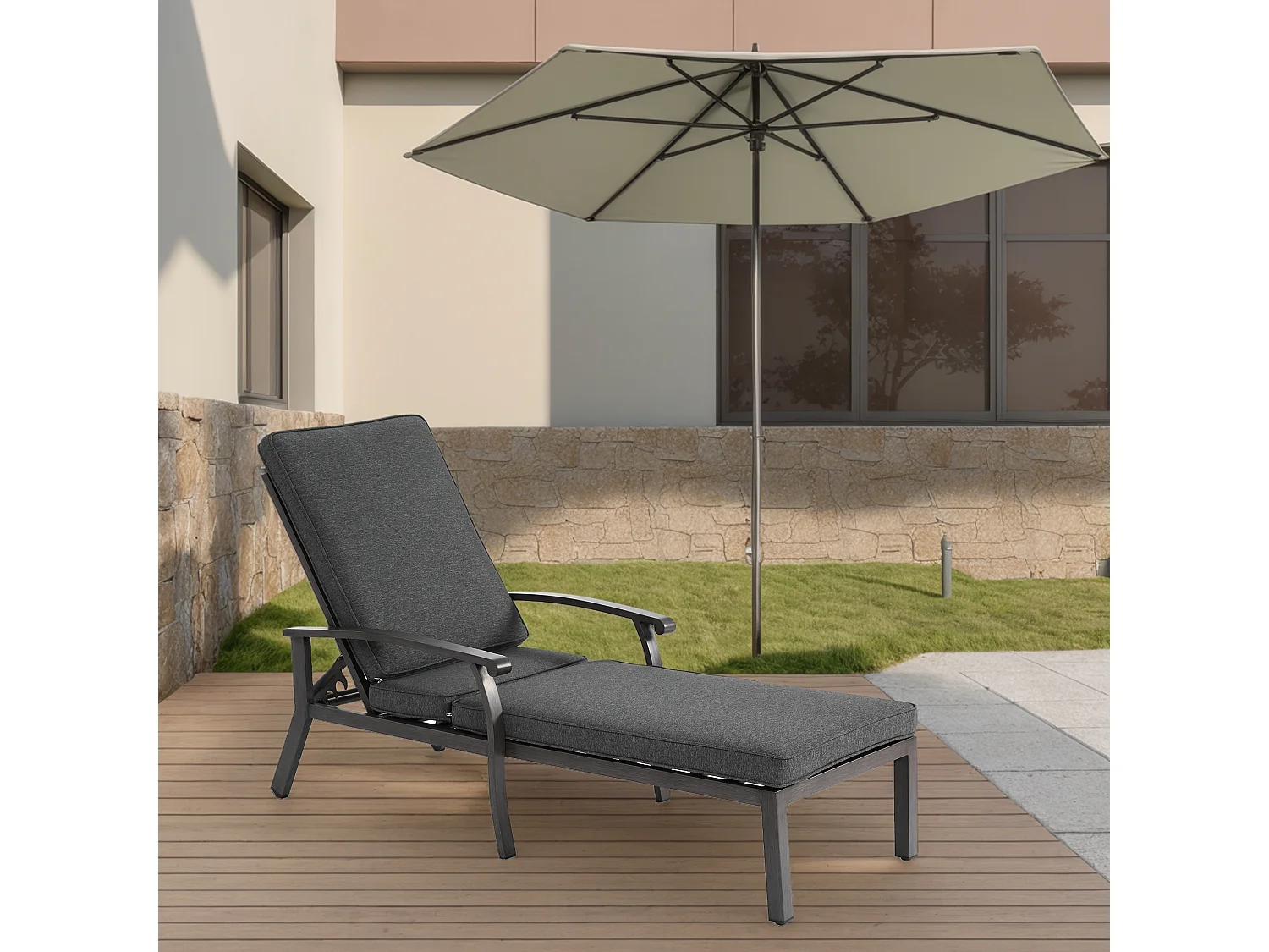 Chaise longue réglable pour patio, résistante à la rouille, aluminium, avec coussin en coton imperméable, gris (204x58x100/30 cm)