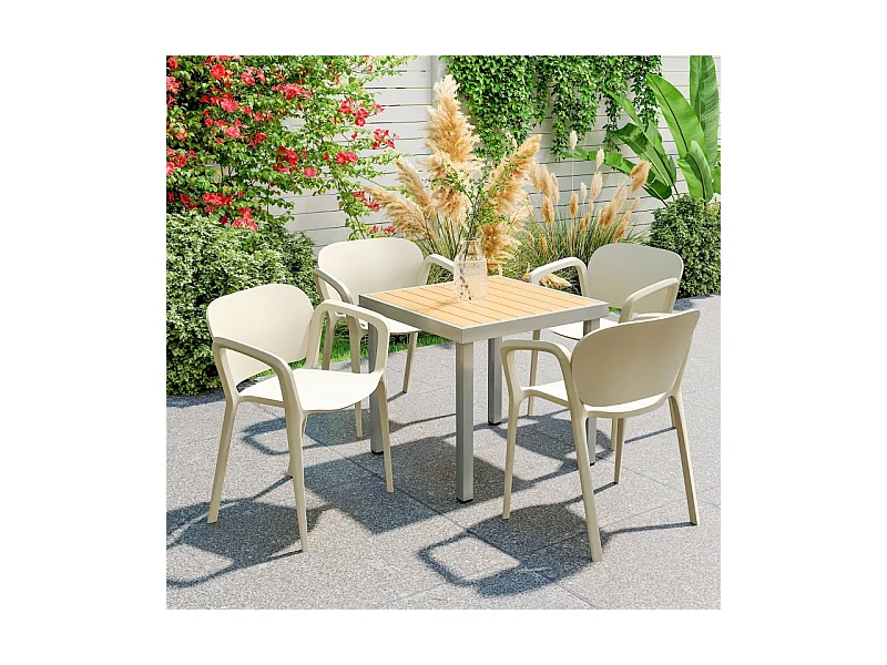 Juego de 4 sillas de jardín apilables con reposabrazos, resistentes a la intemperie, de plástico, color blanco (60 x 56 x 75 cm)