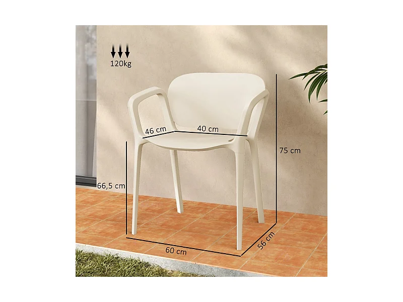 Juego de 4 sillas de jardín apilables con reposabrazos, resistentes a la intemperie, de plástico, color blanco (60 x 56 x 75 cm)
