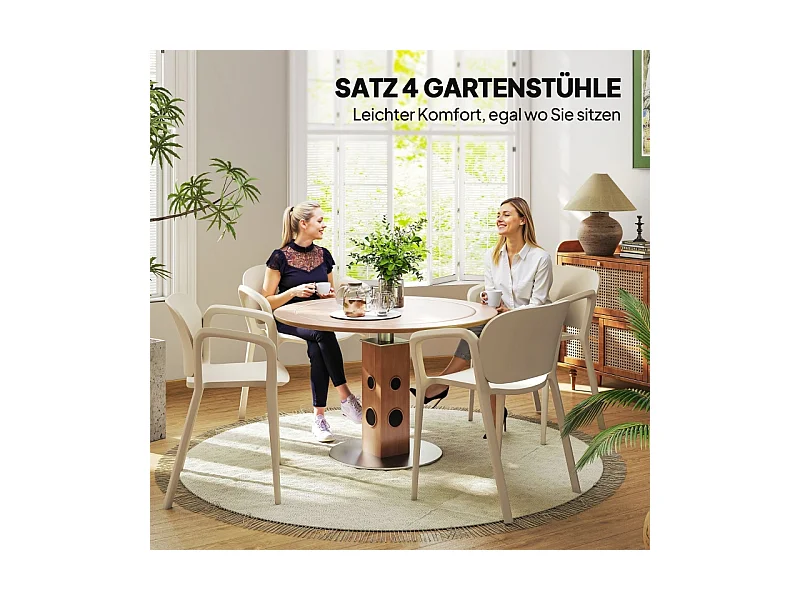 Juego de 4 sillas de jardín apilables con reposabrazos, resistentes a la intemperie, de plástico, color blanco (60 x 56 x 75 cm)