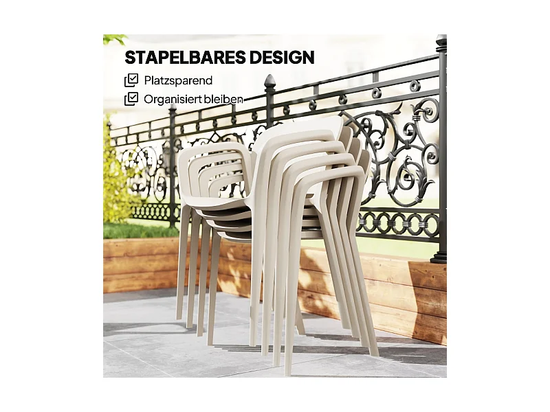 Juego de 4 sillas de jardín apilables con reposabrazos, resistentes a la intemperie, de plástico, color blanco (60 x 56 x 75 cm)