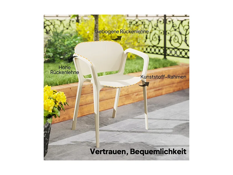 Juego de 4 sillas de jardín apilables con reposabrazos, resistentes a la intemperie, de plástico, color blanco (60 x 56 x 75 cm)