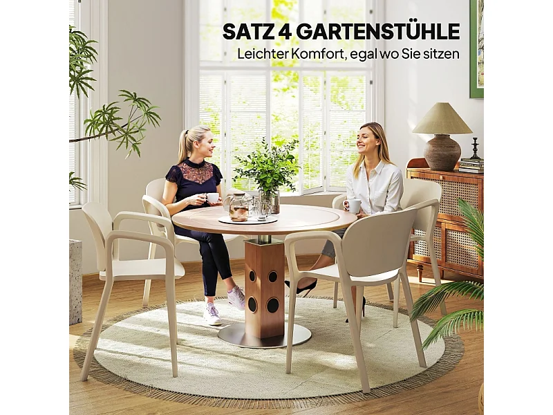 Juego de 4 sillas de jardín apilables con reposabrazos, resistentes a la intemperie, de plástico, color blanco (60 x 56 x 75 cm)