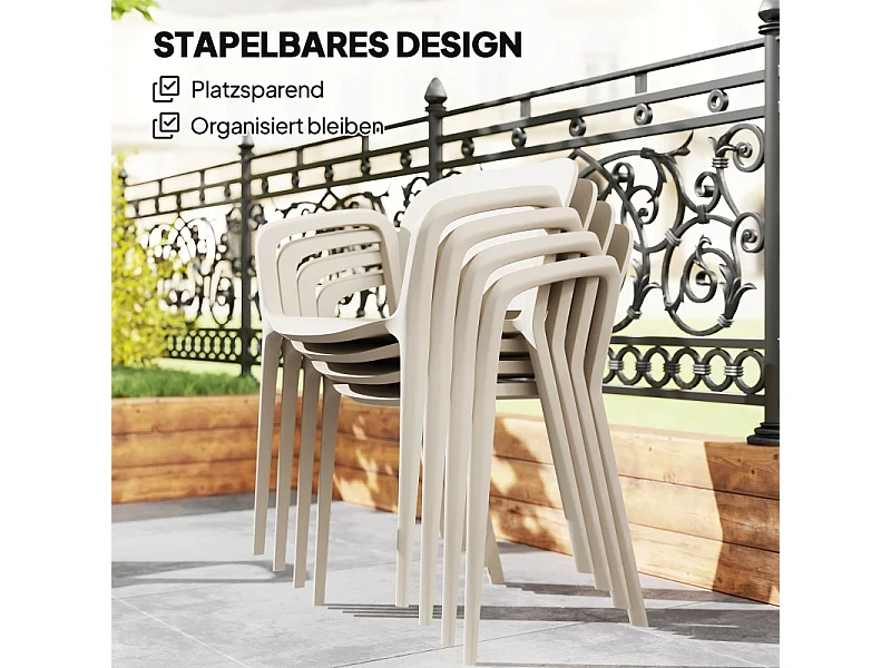 Juego de 4 sillas de jardín apilables con reposabrazos, resistentes a la intemperie, de plástico, color blanco (60 x 56 x 75 cm)