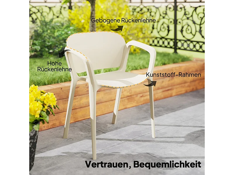 Juego de 4 sillas de jardín apilables con reposabrazos, resistentes a la intemperie, de plástico, color blanco (60 x 56 x 75 cm)