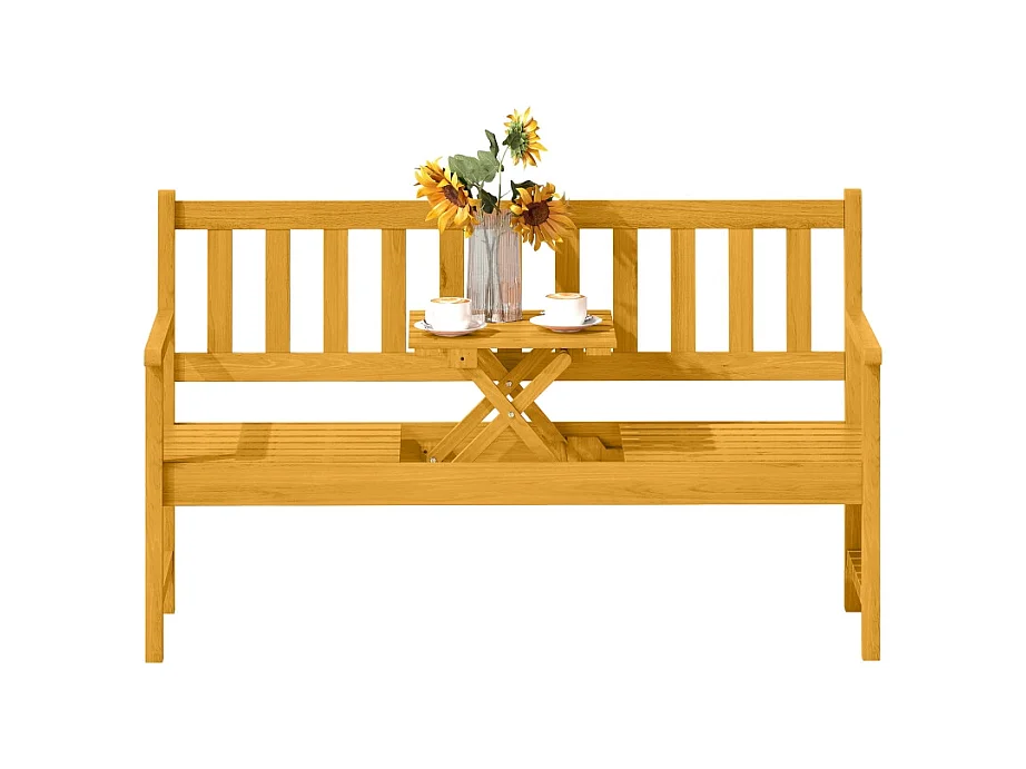 Banc de jardin pliable 2 places en bois teck, avec dossier, accoudoirs et table intégrée (149x56.5x89cm)