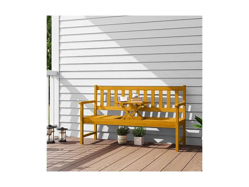 Banc de jardin pliable 2 places en bois teck, avec dossier, accoudoirs et table intégrée (149x56.5x89cm)