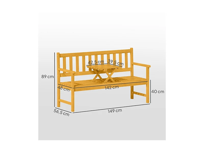 Banc de jardin pliable 2 places en bois teck, avec dossier, accoudoirs et table intégrée (149x56.5x89cm)