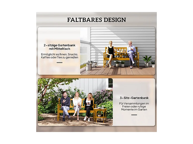 Banc de jardin pliable 2 places en bois teck, avec dossier, accoudoirs et table intégrée (149x56.5x89cm)