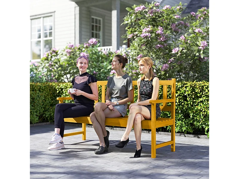 Banc de jardin pliable 2 places en bois teck, avec dossier, accoudoirs et table intégrée (149x56.5x89cm)