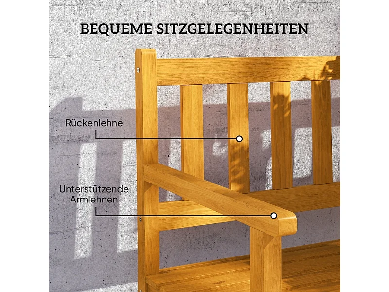Banc de jardin pliable 2 places en bois teck, avec dossier, accoudoirs et table intégrée (149x56.5x89cm)