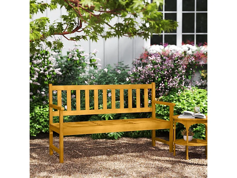 Banc de jardin pliable 2 places en bois teck, avec dossier, accoudoirs et table intégrée (149x56.5x89cm)