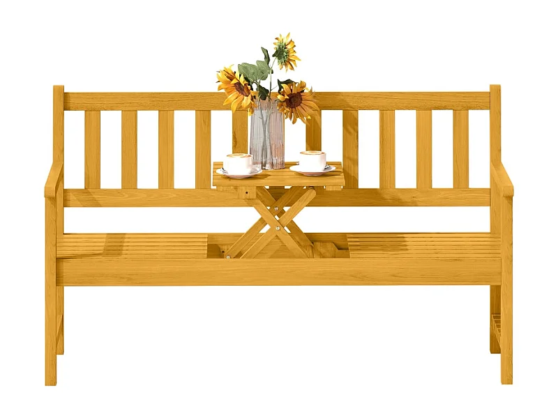 Banc de jardin pliable 2 places en bois teck, avec dossier, accoudoirs et table intégrée (149x56.5x89cm)