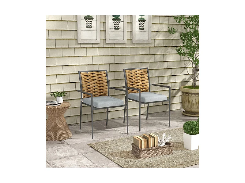 Conjunto de 2 sillas de jardín apilables de ratán con cojines, acero, gris (57x58x87 cm)