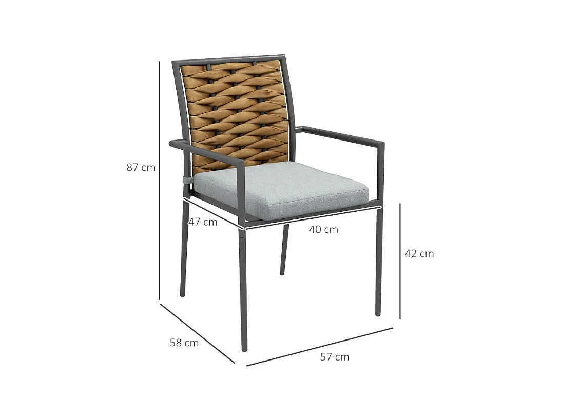 Conjunto de 2 sillas de jardín apilables de ratán con cojines, acero, gris (57x58x87 cm)