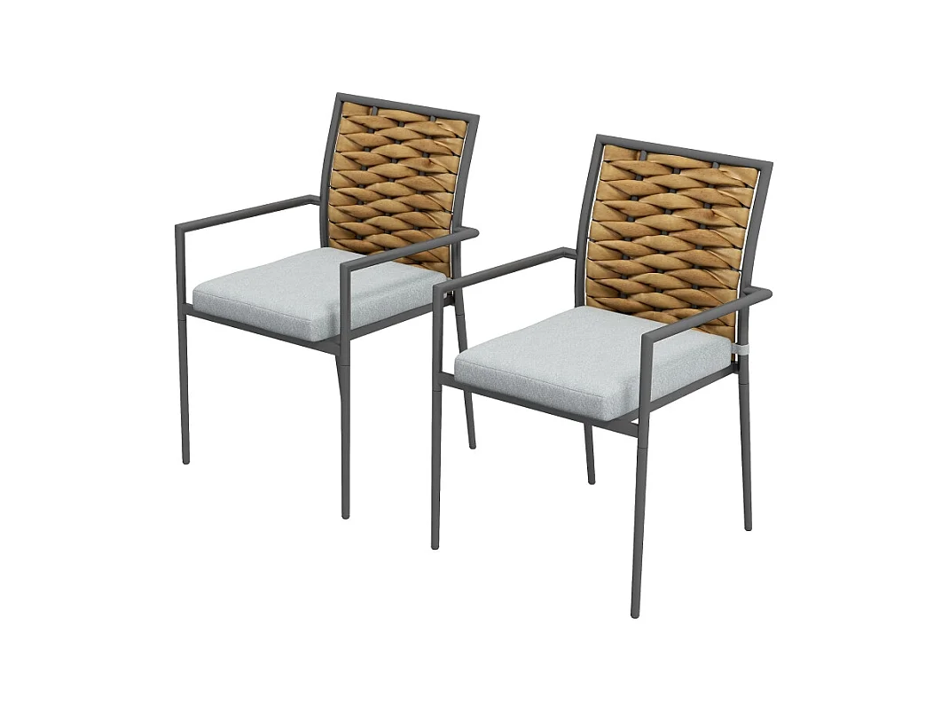 Ensemble de 2 chaises de jardin empilables en rotin, avec coussins, acier, gris (57x58x87 cm)
