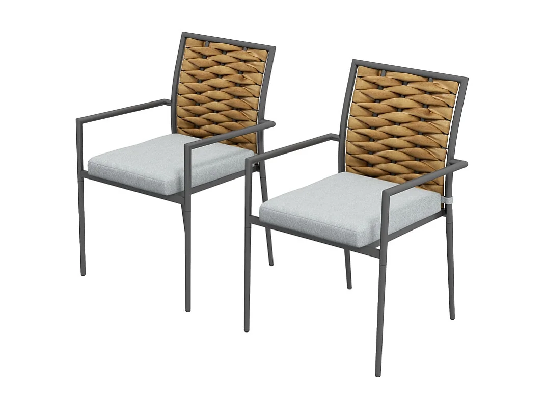 Ensemble de 2 chaises de jardin empilables en rotin, avec coussins, acier, gris (57x58x87 cm)