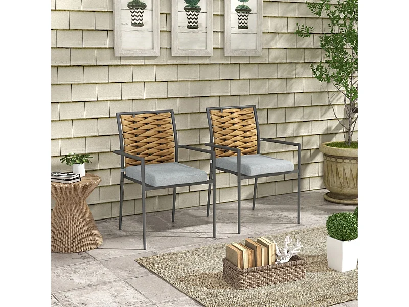 Ensemble de 2 chaises de jardin empilables en rotin, avec coussins, acier, gris (57x58x87 cm)