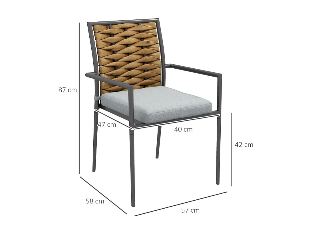 Ensemble de 2 chaises de jardin empilables en rotin, avec coussins, acier, gris (57x58x87 cm)