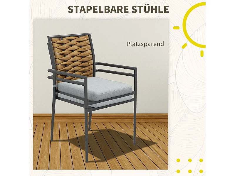 Ensemble de 2 chaises de jardin empilables en rotin, avec coussins, acier, gris (57x58x87 cm)
