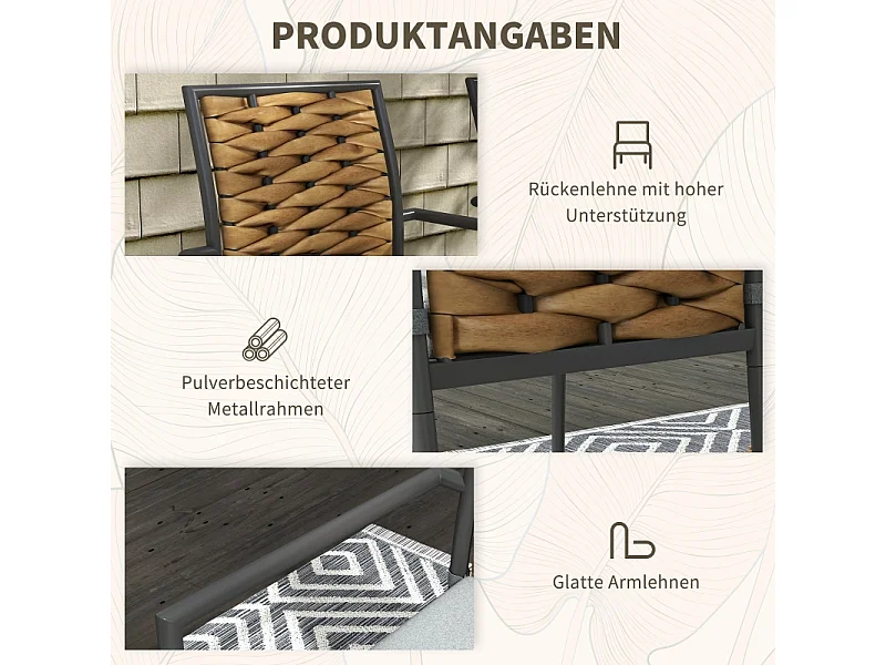 Ensemble de 2 chaises de jardin empilables en rotin, avec coussins, acier, gris (57x58x87 cm)