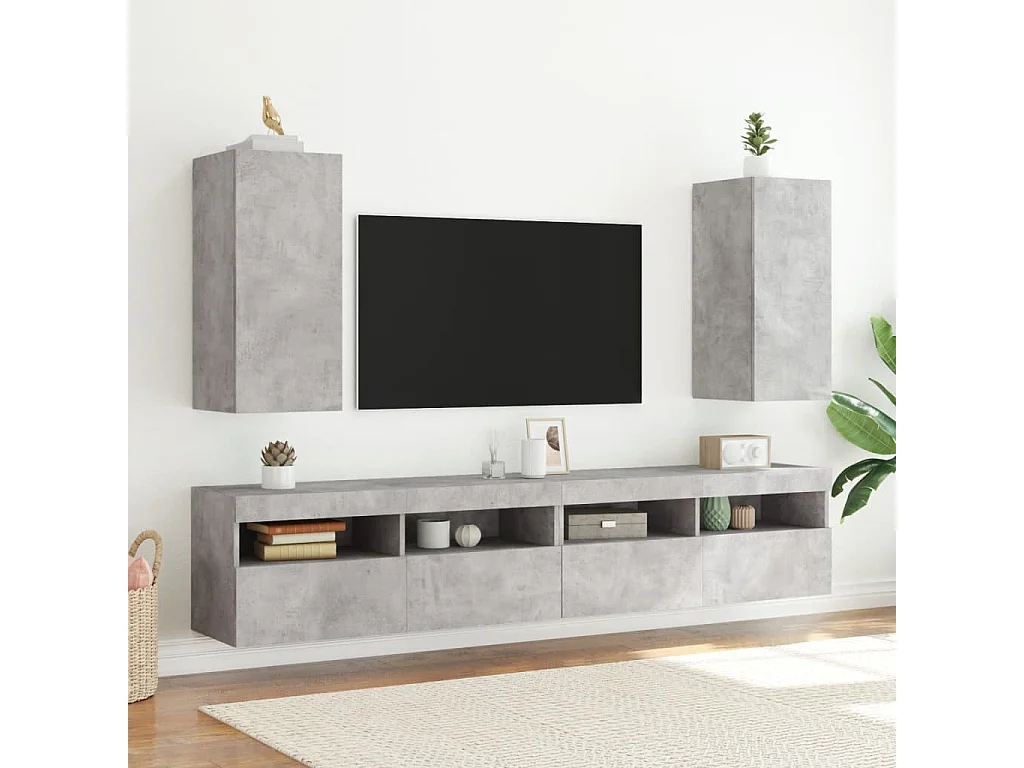 Mobile porta TV a parete con luci LED, grigio cemento, 30,5x35x70 cm