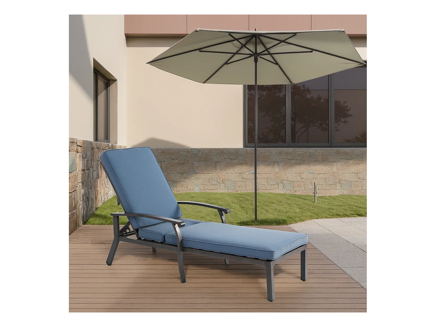 Chaise longue de patio réglable, résistante à la rouille, aluminium avec coussin en coton imperméable bleu (204x58x100/30 cm)