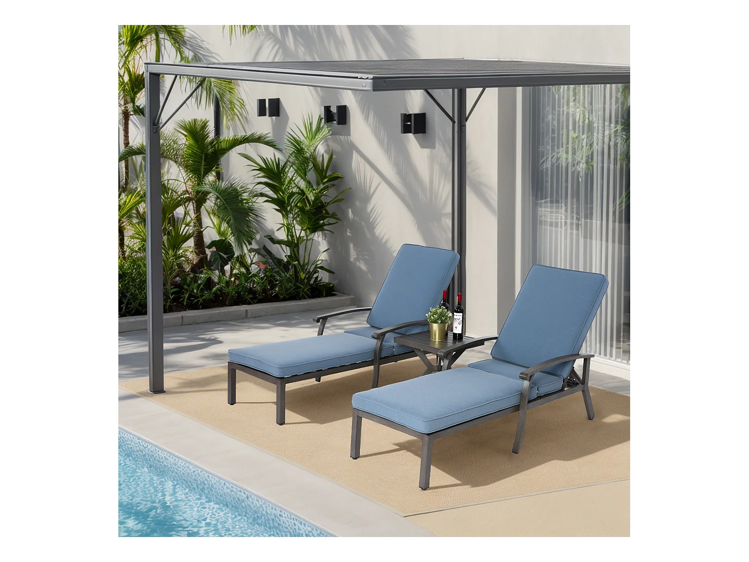 Chaise longue de patio réglable, résistante à la rouille, aluminium avec coussin en coton imperméable bleu (204x58x100/30 cm)