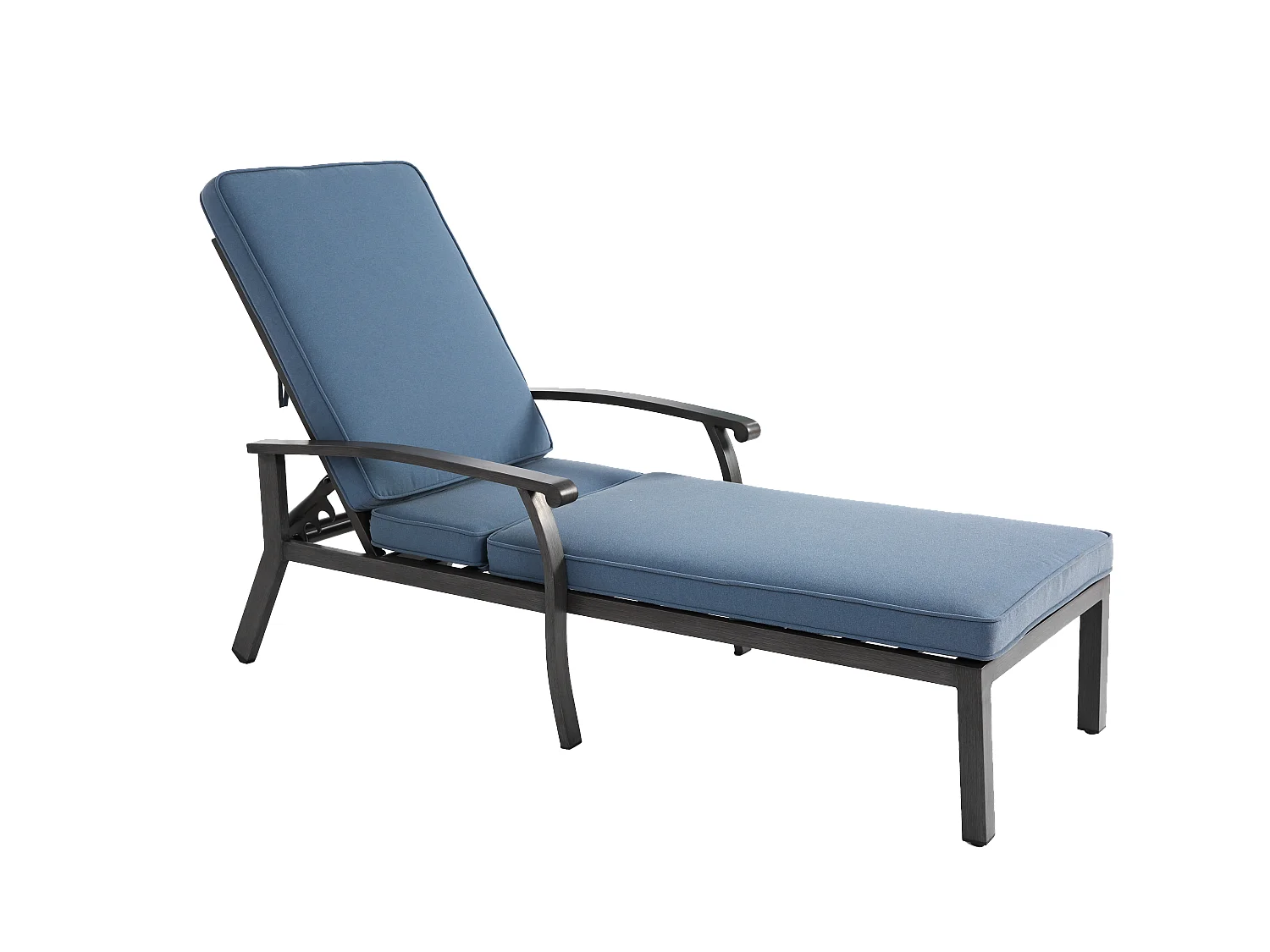 Chaise longue de patio réglable, résistante à la rouille, aluminium avec coussin en coton imperméable bleu (204x58x100/30 cm)