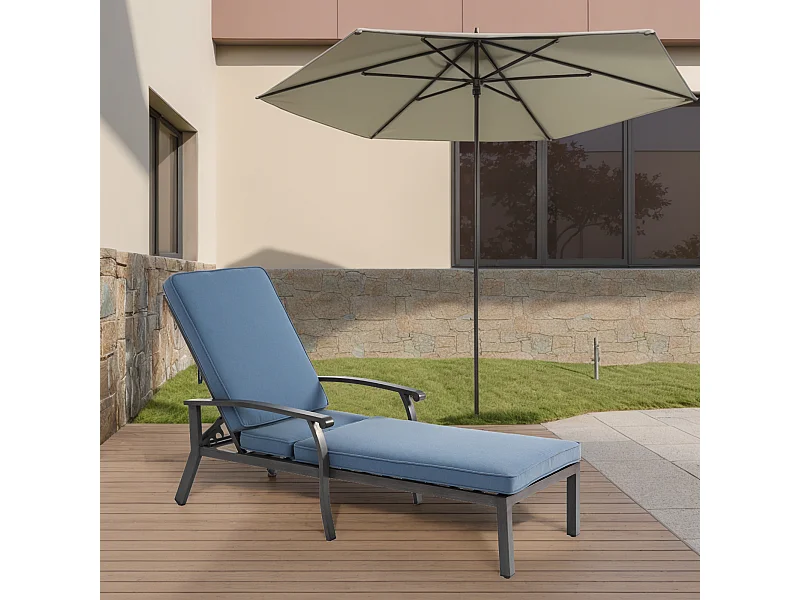 Chaise longue de patio réglable, résistante à la rouille, aluminium avec coussin en coton imperméable bleu (204x58x100/30 cm)