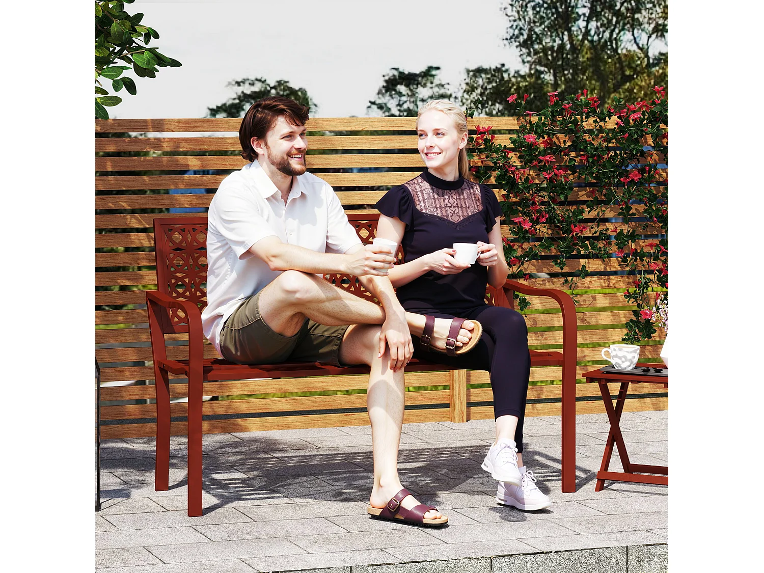 Banc de jardin 2 places, résistant aux intempéries, acier avec dossier et accoudoirs, rouge (127x63x85cm)