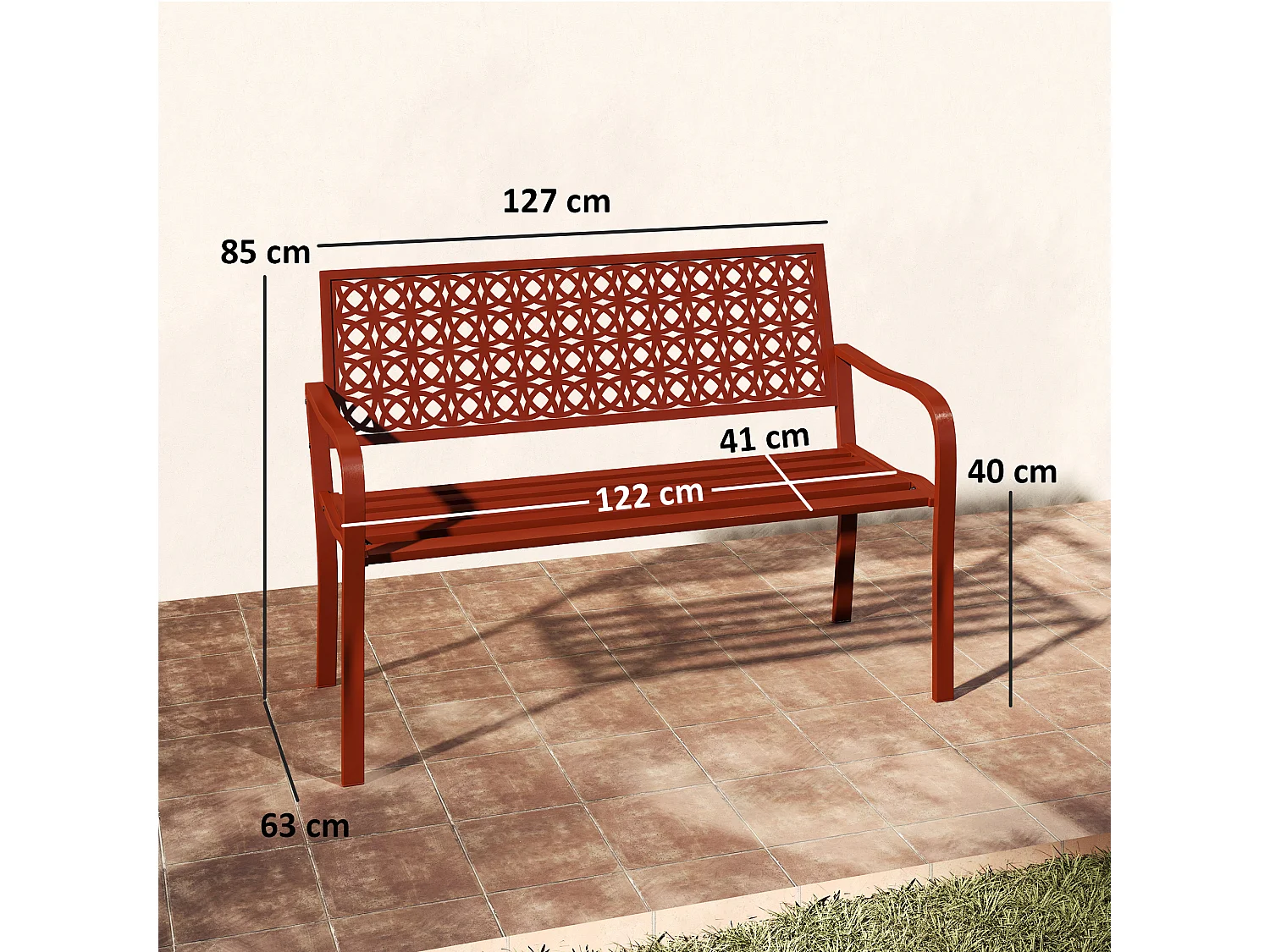 Banc de jardin 2 places, résistant aux intempéries, acier avec dossier et accoudoirs, rouge (127x63x85cm)