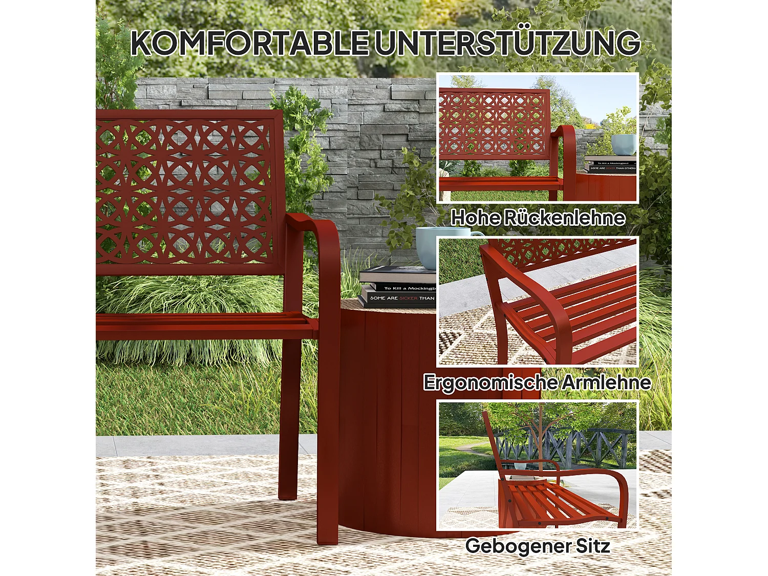Banc de jardin 2 places, résistant aux intempéries, acier avec dossier et accoudoirs, rouge (127x63x85cm)